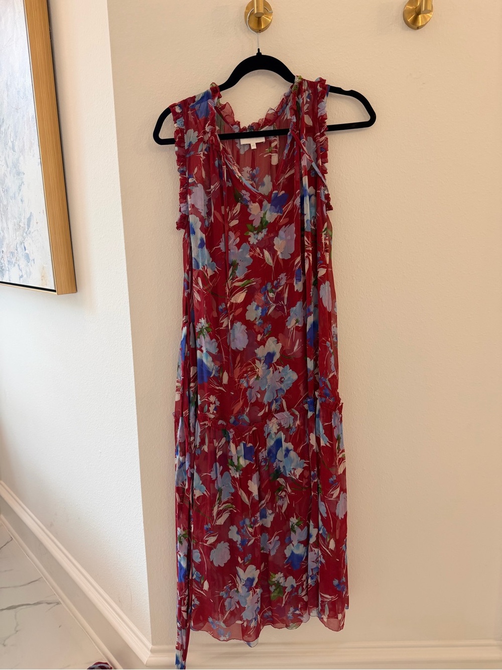 Sleeveless Red Floral Midi Dress with Blue Details